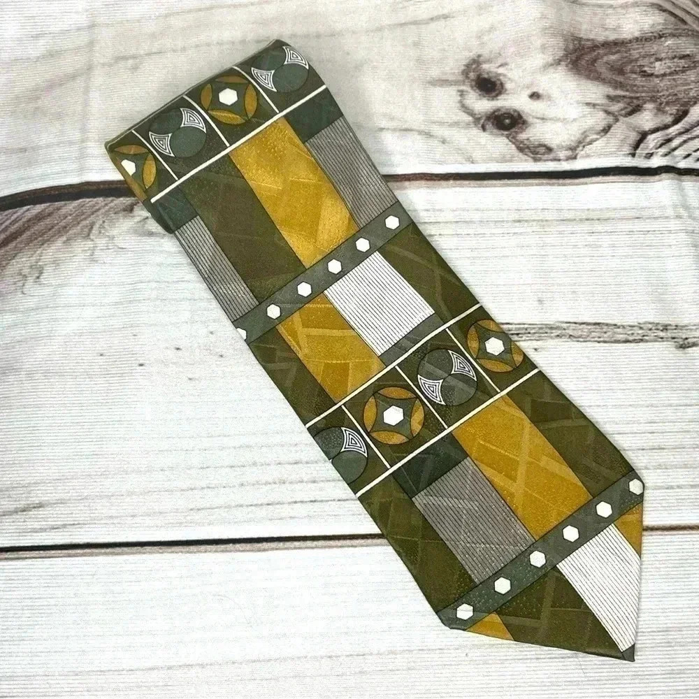 Carlo Palazzi Studio Tie Men OS Olive Gold Geometric Silk Hand Made Necktie